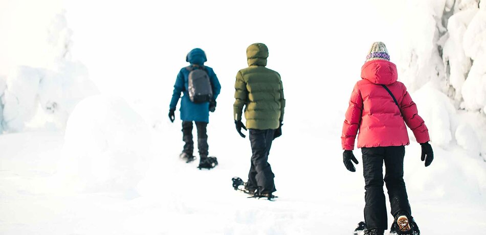 Drei Wanderer mit Schneeschuhen in tief verschneiter Landschaft