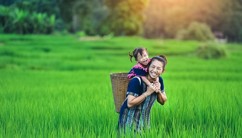 Vietnamesische Mutter mit Kind in den Reisfeldern Sapas