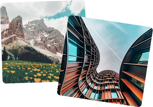 A collage of a beautiful shot of grass and flowers in the mountains and a curved building and sky
