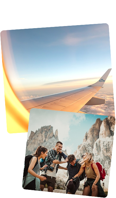 A collage of a beautiful shot of the wing of a plane in the sky and happy hikers in front of mountains