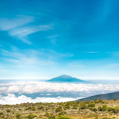Ausblick vom Mweka Camp am Kilimanjaro auf Mount Meru in Tansania