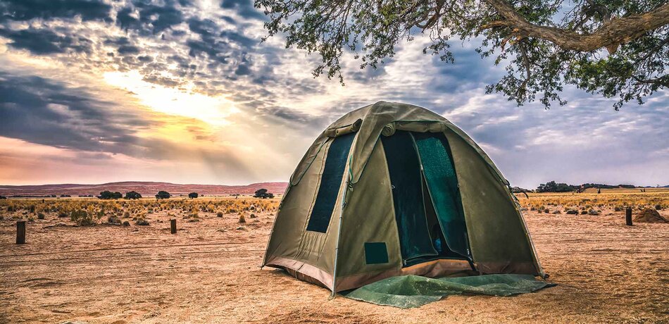 Zelt unter einem alleinstehenden Baum in der Savanne Namibias bei Sonnenuntergang