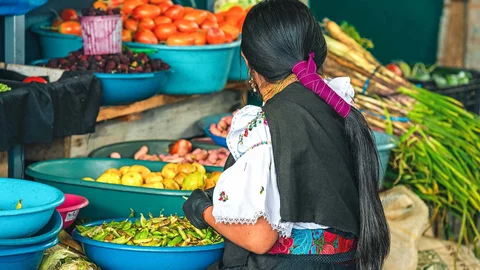 Eine Frau beim Bohnen sortieren auf dem Markt in Otavalo
