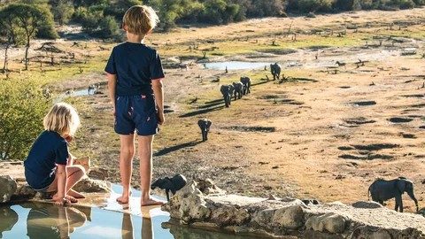 Kinder beobachten Elefanten in Botswana