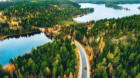 Luftbild auf eine Landstraße durch die Wälder und über die Seen der finnischen Seenplatte